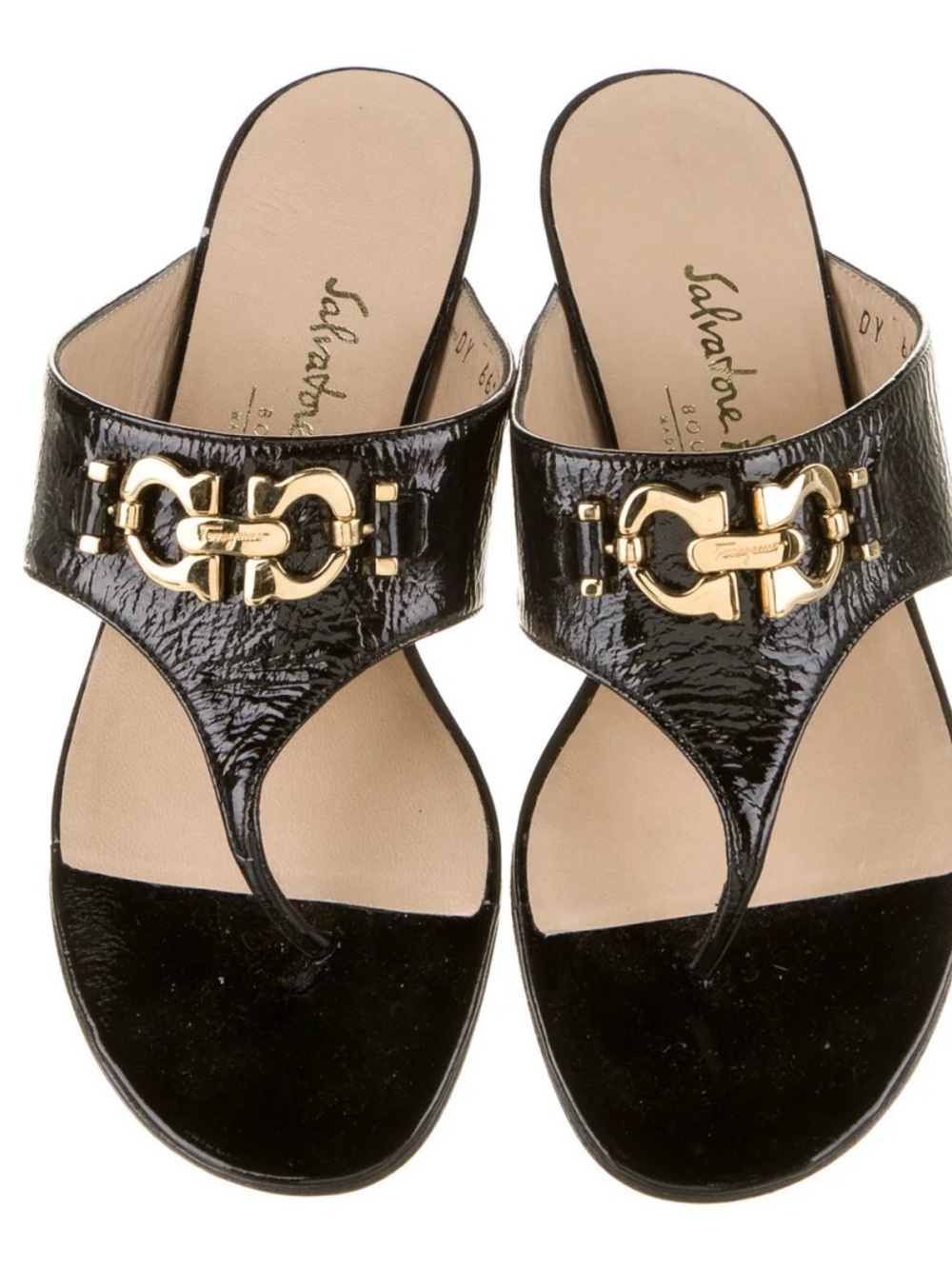 Salvatore Ferragamo Black Patent Leather Thong Sandals with Gold Hardware